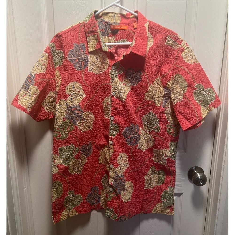 Tori Richard |‎ Red Beige Gray Hawaiian Shirt Short Sleeve Button Down Sz XL